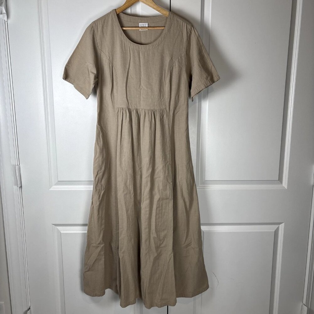 CMC Color Me Cotton Linen-Look Dress Small S Beige Tan Midi Pocket Made In USA - Picture 2 of 12